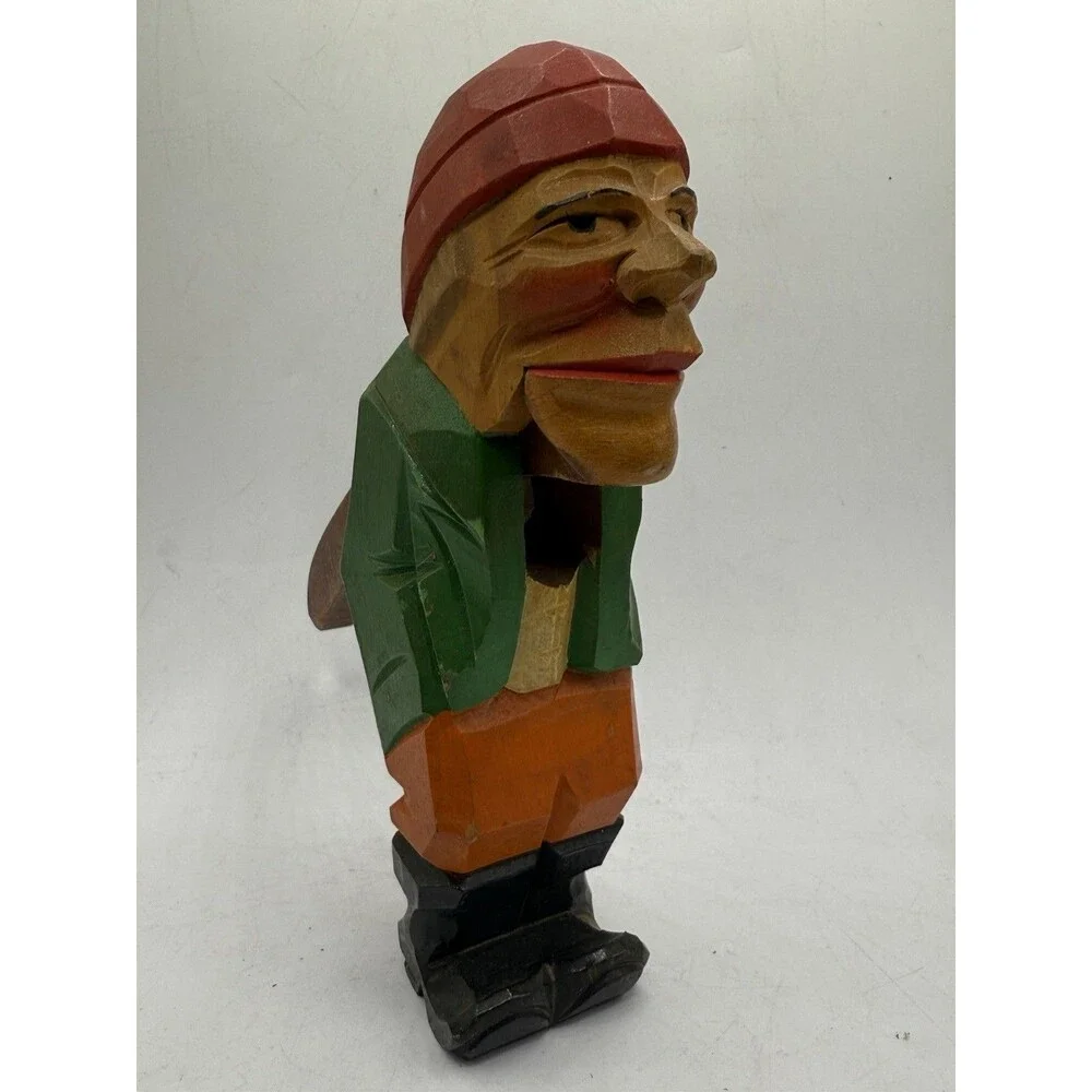 Hand Carved Rustic Red Hat Fisherman Nutcracker Nearly 9